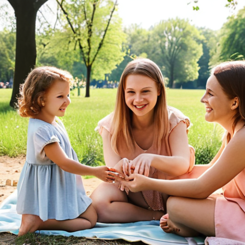 **
"A group of young Polish mothers at a local park, connecting on Instagram during a playdate. Warm, sunny afternoon. Focus on relatable, everyday moments and genuine smiles. Soft, pastel color palette."

**