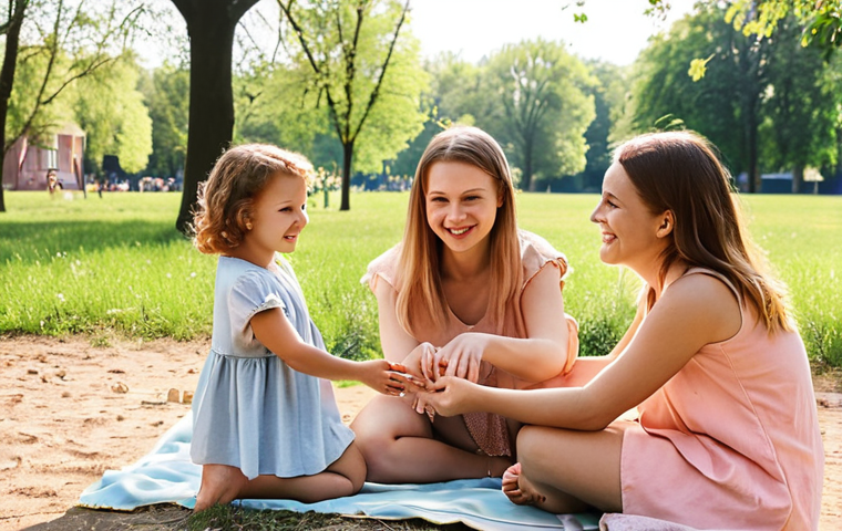 **
"A group of young Polish mothers at a local park, connecting on Instagram during a playdate. Warm, sunny afternoon. Focus on relatable, everyday moments and genuine smiles. Soft, pastel color palette."
**