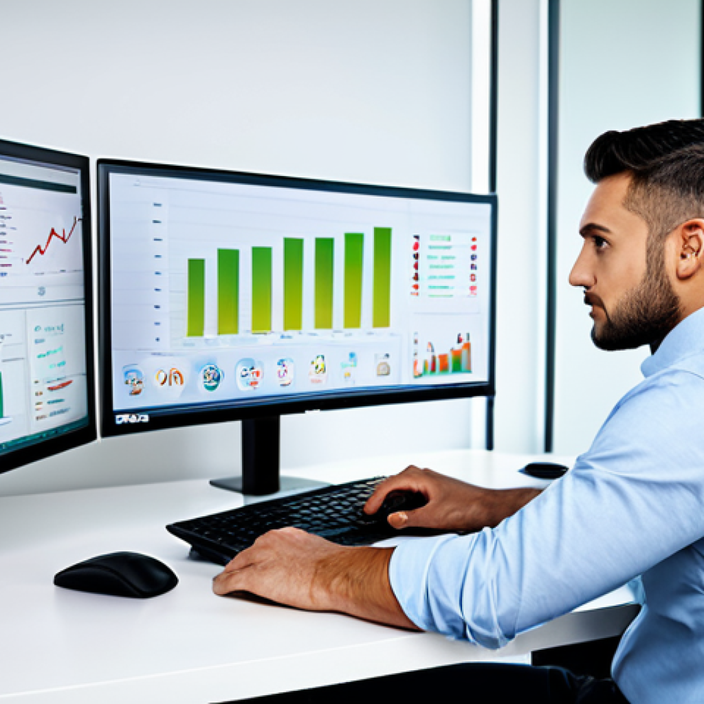 A focused male data analyst, fully clothed in a professional business shirt and tailored trousers, seated at a sleek modern desk in a well-lit contemporary office. He is looking intently at multiple large monitors displaying vibrant, complex data dashboards with detailed charts, graphs, and clear upward trends, symbolizing business growth and strategic insight. The environment suggests innovation and data-driven decision-making. Perfect anatomy, correct proportions, natural pose, well-formed hands, proper finger count, natural body proportions, professional photography, high quality, safe for work, appropriate content, fully clothed, professional dress, modest clothing, family-friendly.