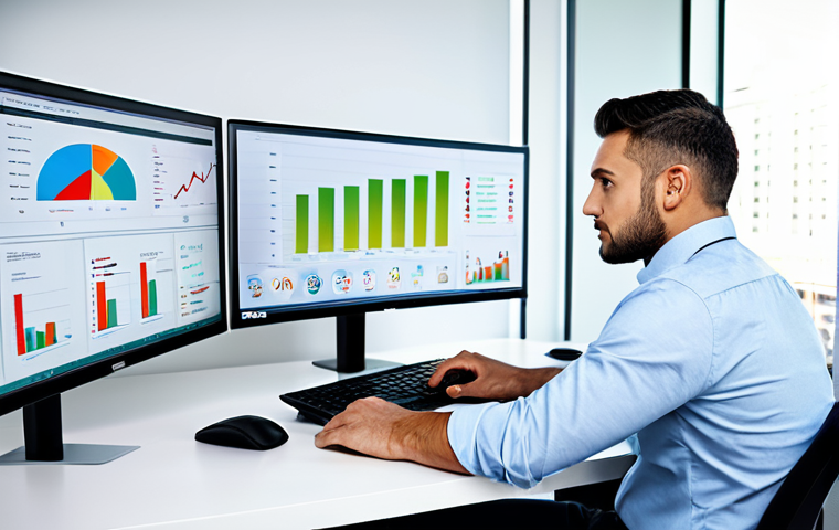 A focused male data analyst, fully clothed in a professional business shirt and tailored trousers, seated at a sleek modern desk in a well-lit contemporary office. He is looking intently at multiple large monitors displaying vibrant, complex data dashboards with detailed charts, graphs, and clear upward trends, symbolizing business growth and strategic insight. The environment suggests innovation and data-driven decision-making. Perfect anatomy, correct proportions, natural pose, well-formed hands, proper finger count, natural body proportions, professional photography, high quality, safe for work, appropriate content, fully clothed, professional dress, modest clothing, family-friendly.