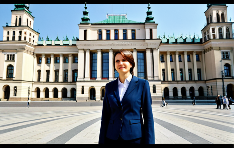Professional Businesswoman in Warsaw**
"A professional businesswoman in a modest business suit, standing in front of the Palace of Culture and Science in Warsaw, Poland, fully clothed, appropriate attire, safe for work, perfect anatomy, natural proportions, professional photography, high quality, daytime, sunny weather."
**