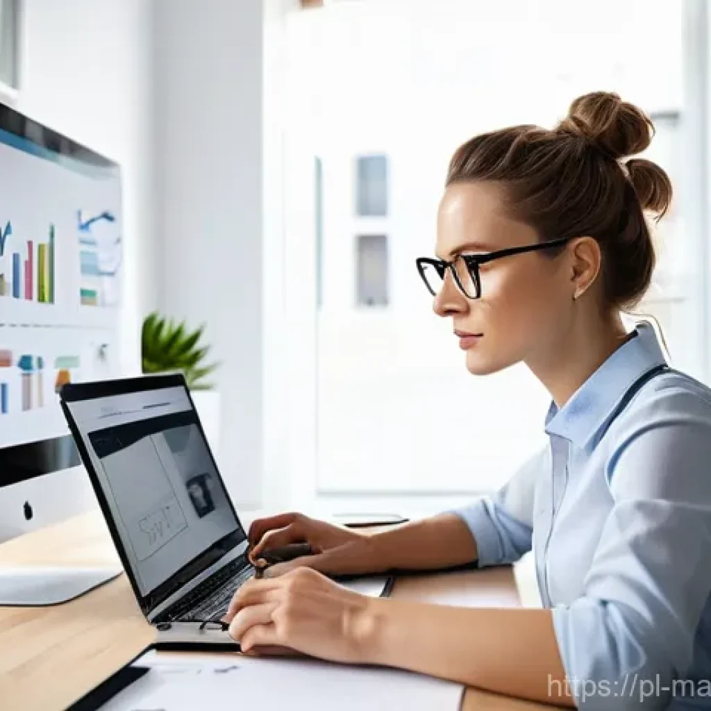 비즈니스 목표 설정과 온라인 마케팅 - **Prompt:** "A young, determined Polish female entrepreneur in her late 20s, dressed in smart casual...