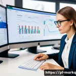 Home 19 온라인 광고의 이해와 활용 방법 - A modern digital marketing office scene in Poland, featuring a young professional woman analyzing da...