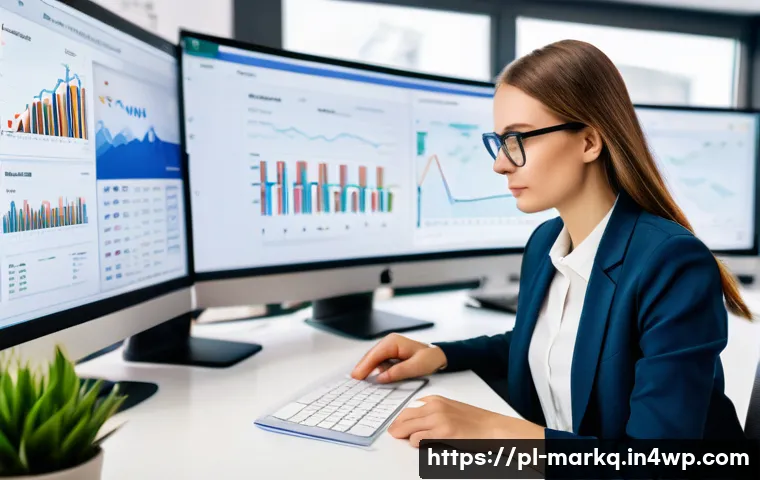 온라인 광고의 이해와 활용 방법 - A modern digital marketing office scene in Poland, featuring a young professional woman analyzing da...