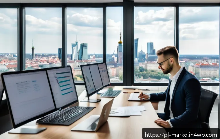 검색엔진 마케팅 SEM 의 기본 개념 - A modern digital marketing office scene in Warsaw, Poland, showing a young professional analyzing ke...