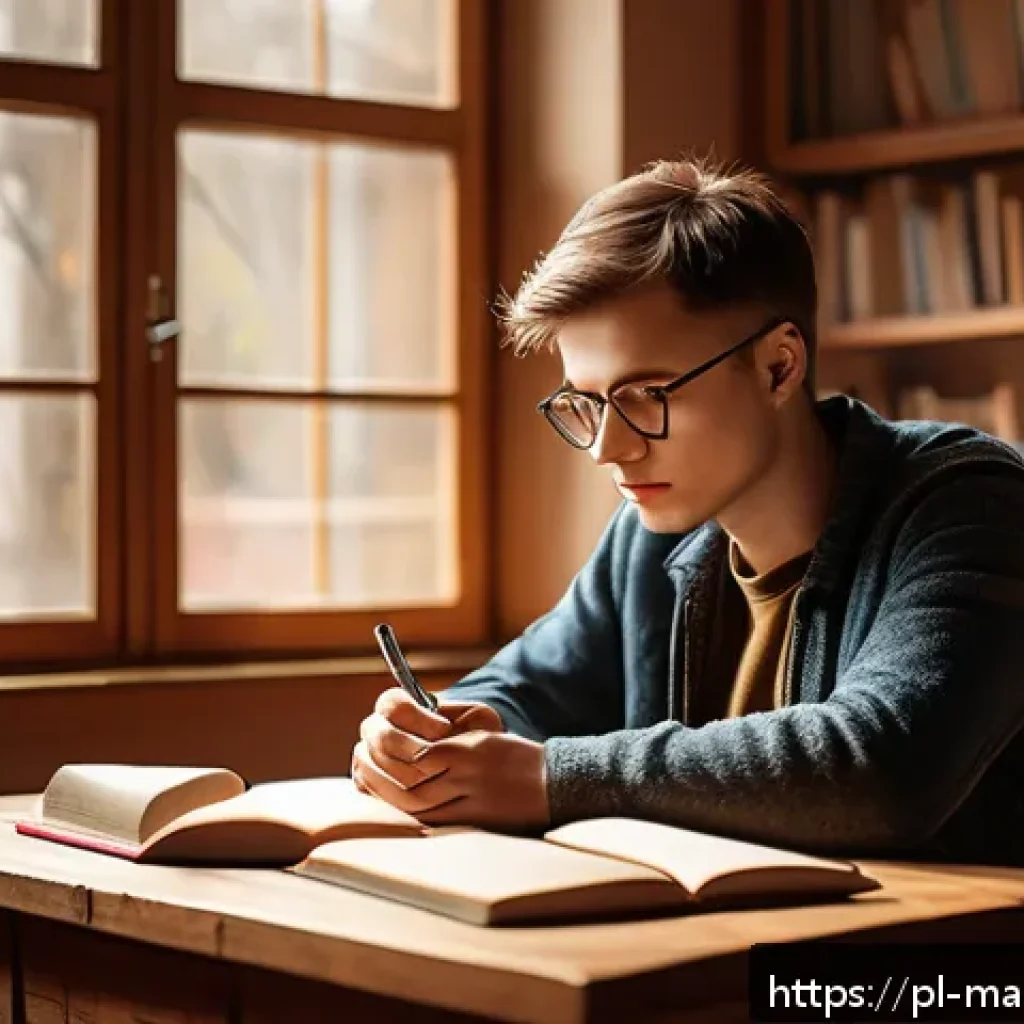 디지털 스토리텔링의 기초 원칙 - A thoughtful young Polish writer sitting at a wooden desk in a cozy, sunlit room filled with bookshe...