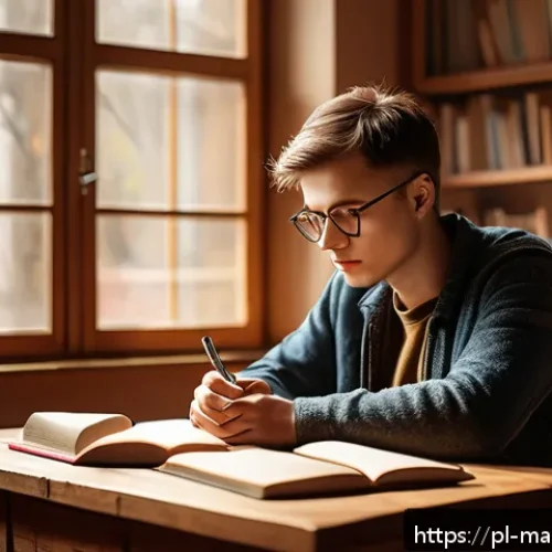 Home 17 디지털 스토리텔링의 기초 원칙 - A thoughtful young Polish writer sitting at a wooden desk in a cozy, sunlit room filled with bookshe...