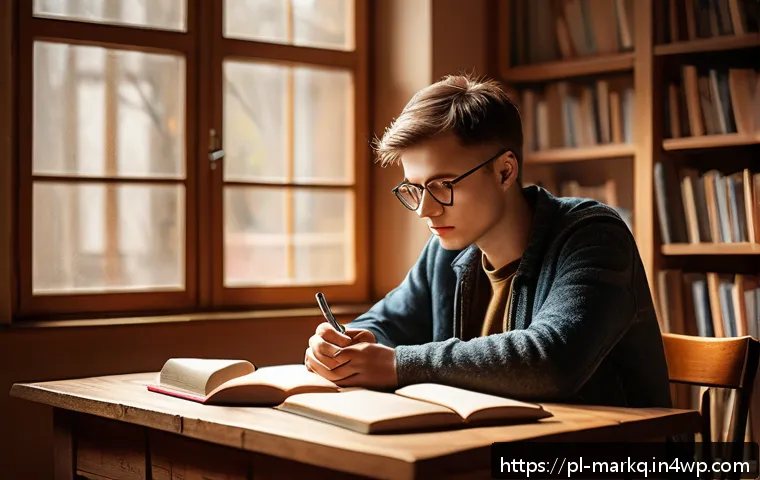 디지털 스토리텔링의 기초 원칙 - A thoughtful young Polish writer sitting at a wooden desk in a cozy, sunlit room filled with bookshe...