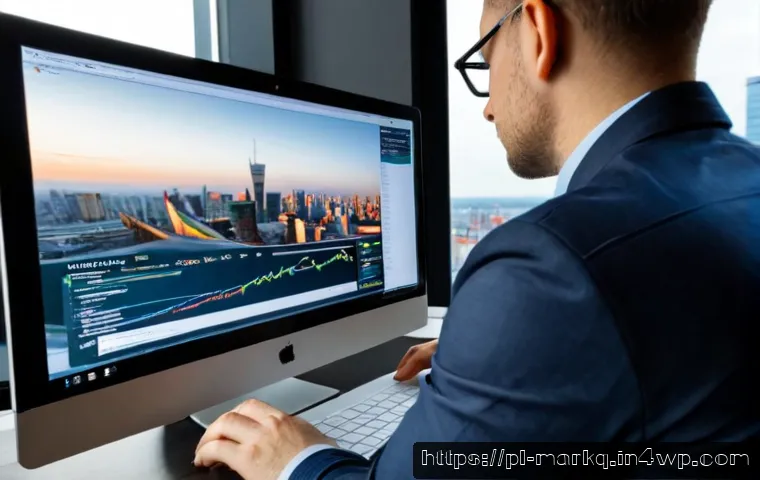 Home 17 SEO 트렌드 및 변화 예측 - Photorealistic modern digital marketing workspace in Warsaw, Poland, viewed over the shoulder of a f...